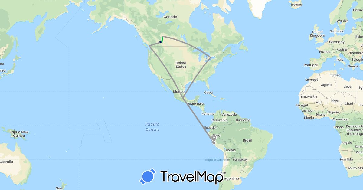 TravelMap itinerary: driving, bus, plane in Canada, Mexico, Peru (North America, South America)
